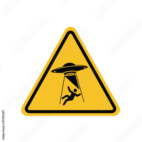 UFO abducts human warning sign on yellow triangle board. Suitable for posters and web icons