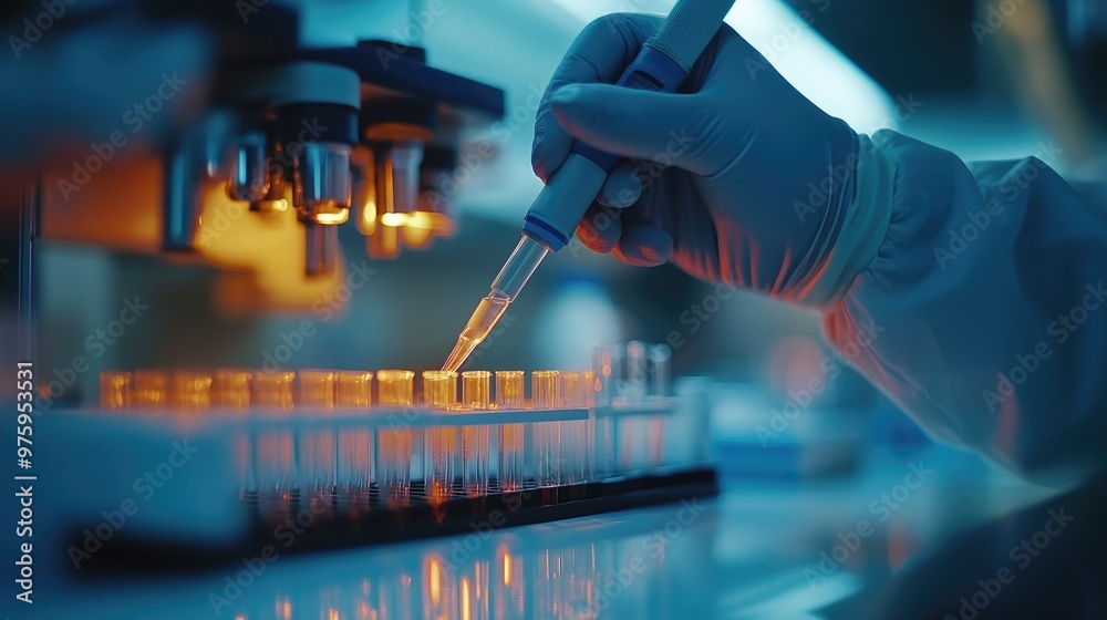 Scientist analyzing samples under microscope in laboratory at night Scientist analyzing samples under microscope in laboratory at night