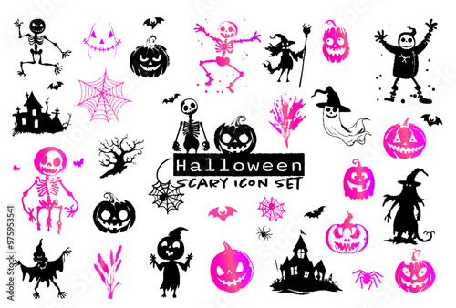 Spooky Halloween icon set - Halloween silhouettes, symbols and characters. Witches, skeletons and other spooky scary elements for Halloween design. Vector illustration for invitations and parties.