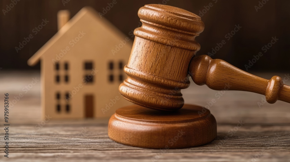 A wooden gavel resting beside a miniature house model, symbolizing legal matters and decisions in real estate A wooden gavel resting beside a miniature house model, symbolizing legal matters and decisions in real estate