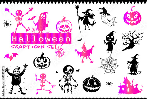 Spooky Halloween icon set - Halloween silhouettes, symbols and characters. Witches, skeletons and other spooky scary elements for Halloween design. Vector illustration for invitations and parties.