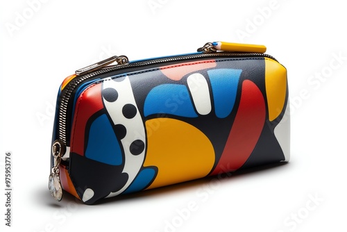 A bold, oversized pencil case, with abstract patterns and striking primary colors photo