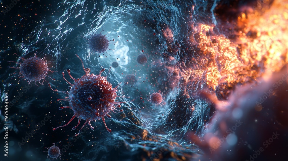 Intricate 3D Microscopic Visualization of Bacteria. in Vein Plasma - High Detail Infection View at Cellular Level. Intricate 3D Microscopic Visualization of Bacteria. in Vein Plasma - High Detail Infection View at Cellular Level.