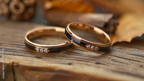 Two Gold Wedding Bands with Black Enamel and Diamonds on a Wooden Surface