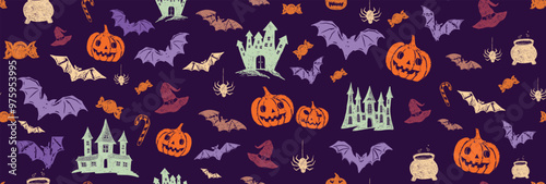 Halloween symbols, bat, candy, hat, pumpkin, pattern, hand drawn illustrations