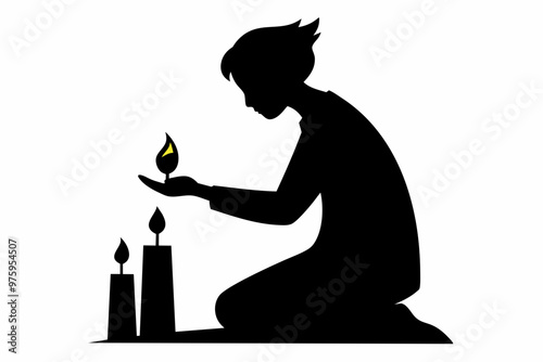 Lighting candles to symbolize hope and renewal, silhouette black color vector art illustration