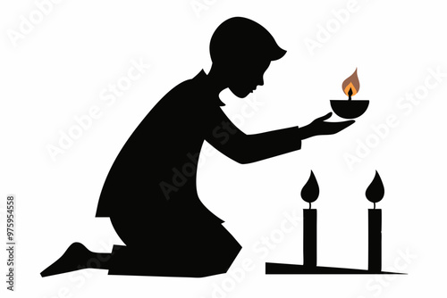 Lighting candles to symbolize hope and renewal, silhouette black color vector art illustration