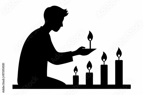 Lighting candles to symbolize hope and renewal, silhouette black color vector art illustration