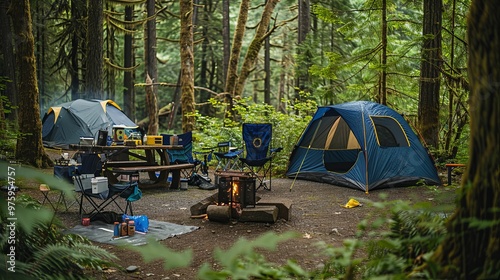 Campsite with Two Tents in a Lush Green Forest