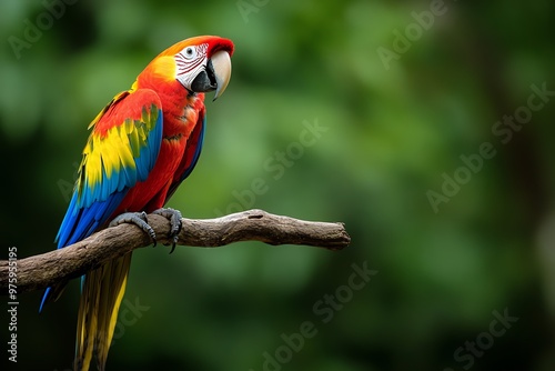 A colorful parrot perched on a branch, squawking loudly against the backdrop of RoatÃ¡nâ€™s tropical rainforest photo