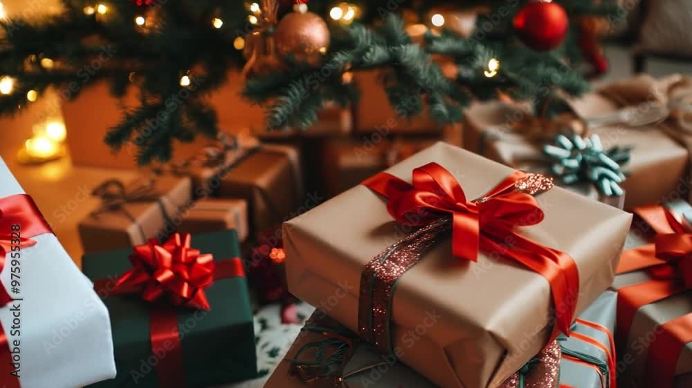 Beautifully wrapped presents with vibrant bows surround a decorated Christmas tree, creating a warm and festive atmosphere in a cozy living room. Beautifully wrapped presents with vibrant bows surround a decorated Christmas tree, creating a warm and festive atmosphere in a cozy living room.