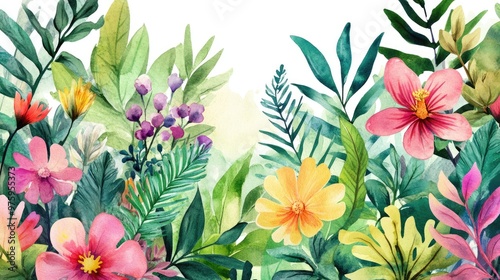 Bright watercolor flowers and lush greenery form a colorful arrangement, ideal for spring and nature-themed designs