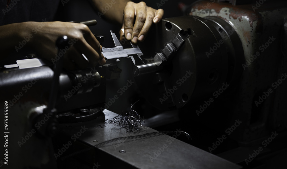 lathe in workshop. lathe worker uses a vernier caliper to measure distance. lathe in workshop. lathe worker uses a vernier caliper to measure distance.