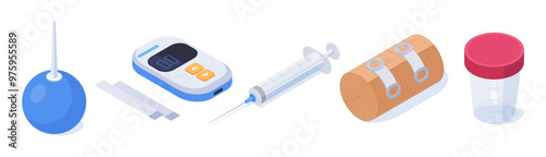 Isometric health care supplies. Pharmacy medicines, syringe, bandage, sample cup and glucometer 3d vector illustration set. Medical tools on white