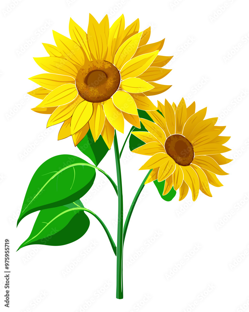 Fototapeta premium sunflowers buds, yellow petals blooming, green stems with leaves, photorealistic digital painting, highly detailed close-up, transparent background