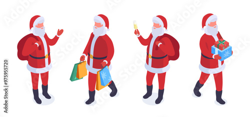 Isometric Santa Claus characters. Christmas santa mascots with gift boxes and bags 3d vector illustration set. Christmas holidays Santa Claus on white