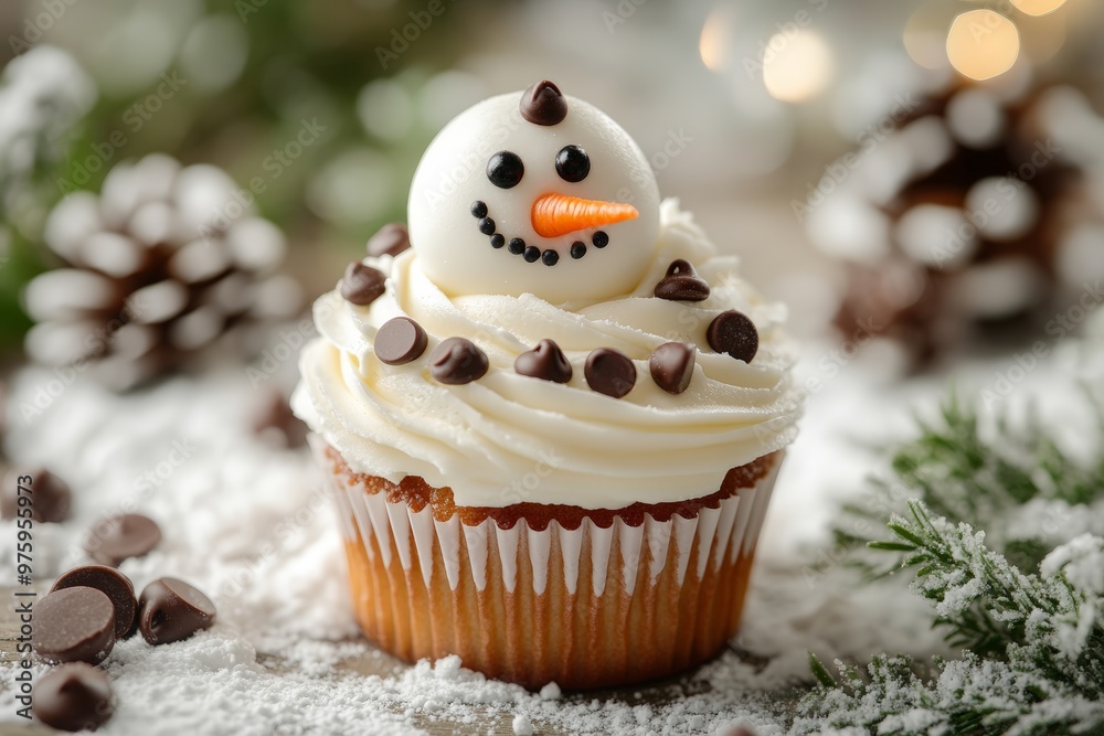 cupcake decorated as a snowman, with white frosting, chocolate chips for eyes and buttons, and a carrot nose cupcake decorated as a snowman, with white frosting, chocolate chips for eyes and buttons, and a carrot nose