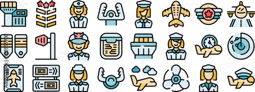 Female pilot and aviation icon set with airport tower, airplane, pilot wings, and more in color filled outline style
