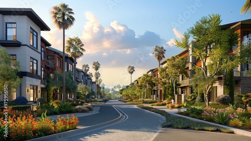 A Row of Modern Townhouses with Palm Trees and a Winding Road