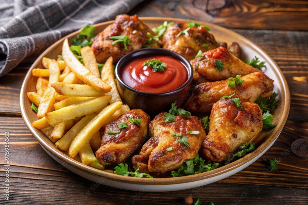 Chicken wings and french fries with tomato sauce Chicken wings and french fries with tomato sauce