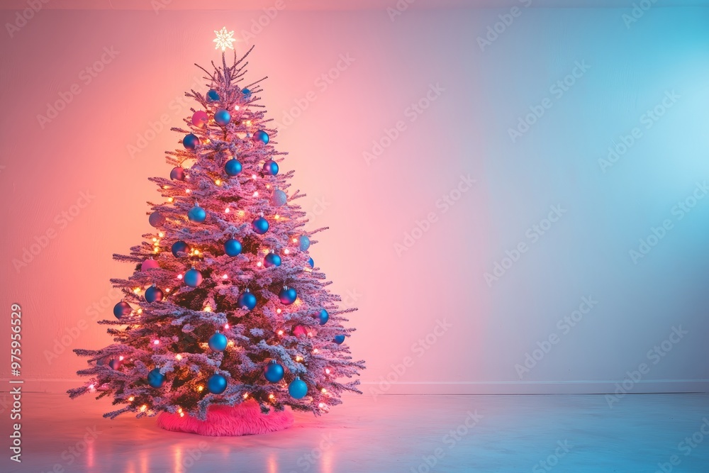 Christmas tree, adorned with blue and pink baubles, stands tall in a stark white room, filled with the warm glow of fairy lights Christmas tree, adorned with blue and pink baubles, stands tall in a stark white room, filled with the warm glow of fairy lights