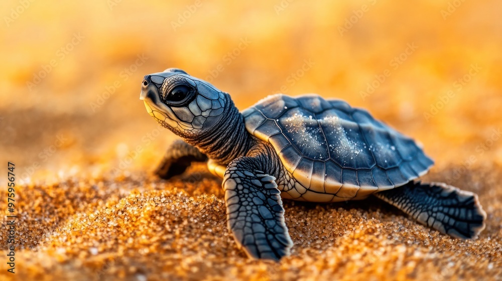 Obraz premium A close-up of a baby turtle's tiny feet and shell as it crawls across the sand