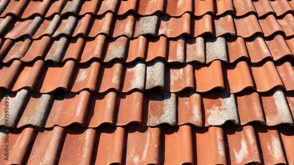 Close-up of red clay roof tiles, weathered and textured. Close-up of red clay roof tiles, weathered and textured.
