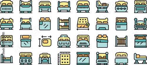 This vector illustration features a collection of colorful icons depicting various bed types and sizes, perfect for projects related to furniture, interior design, and sleep
