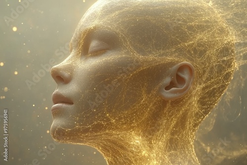 Serene female figure surrounded by golden particles conveying tranquility mindfulness and the connection between the human spirit and the cosmic energy around her