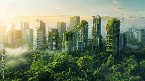 Green Cityscape with Skyscrapers Covered in Lush Vegetation