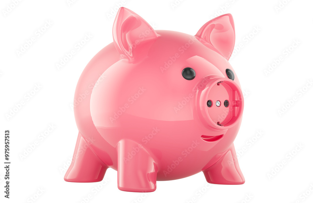 Piggy bank with electrical socket. Saving energy consumption concept, 3D rendering isolated on transparent background Piggy bank with electrical socket. Saving energy consumption concept, 3D rendering isolated on transparent background
