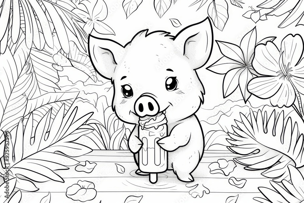 Cute Cartoon Summer Coloring Page with Pig Eating Ice Cream, Sun, Tropical Leaves, and Flowers, Simple Line Art, High Definition Cute Cartoon Summer Coloring Page with Pig Eating Ice Cream, Sun, Tropical Leaves, and Flowers, Simple Line Art, High Definition