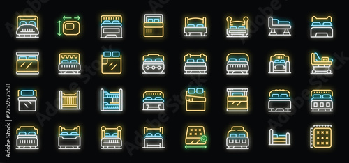 Set of colorful neon icons showing different bed styles for sleep and rest photo