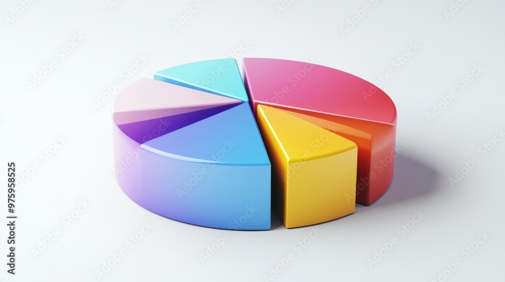 Obraz premium A segmented 3D pie chart with raised portions, set against a minimalist white background, emphasizing key data points and trends in business analysis.