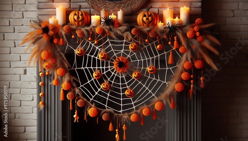 Orange garland shaped like a spider web made of threads, perfect for Halloween decor.Generative AI

 photo