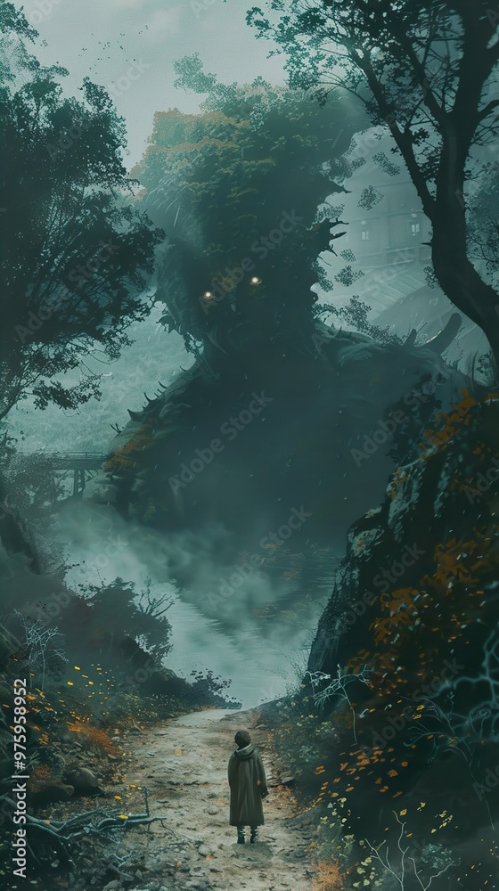 A lone figure stands on a path in a dense forest, looking up at a massive, looming tree-like creature with glowing eyes. A lone figure stands on a path in a dense forest, looking up at a massive, looming tree-like creature with glowing eyes.