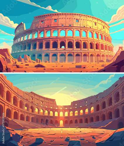 Old roman gladiator duels arena cartoon vector concepts. Ancient rock stone walls deserted colosseum combatants clash traditional battle amphitheater architecture sunset abandoned illustrations