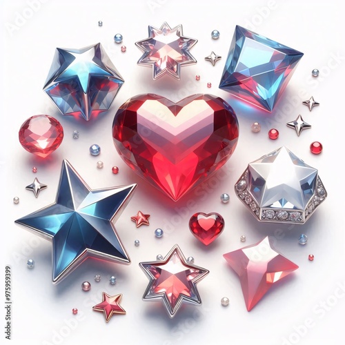 Luxury Red Gemstone Star and Heart Jewelry on Red Background and white - Elegant Valentine’s Day Design    photo