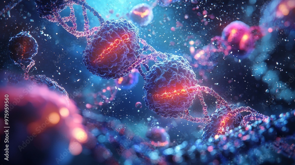 Intricate 3D Rendering of Diseased Cells Interacting with Genetic Elements. Intricate 3D Rendering of Diseased Cells Interacting with Genetic Elements.