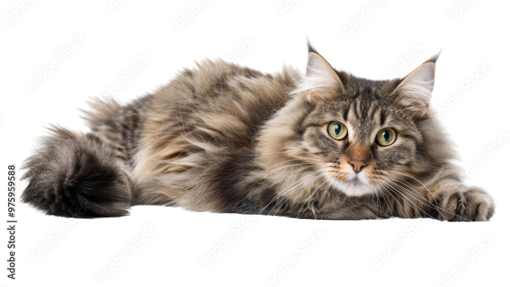 High-resolution image of a fluffy domestic cat with a playful expression, isolated on a white background. High-resolution image of a fluffy domestic cat with a playful expression, isolated on a white background.
