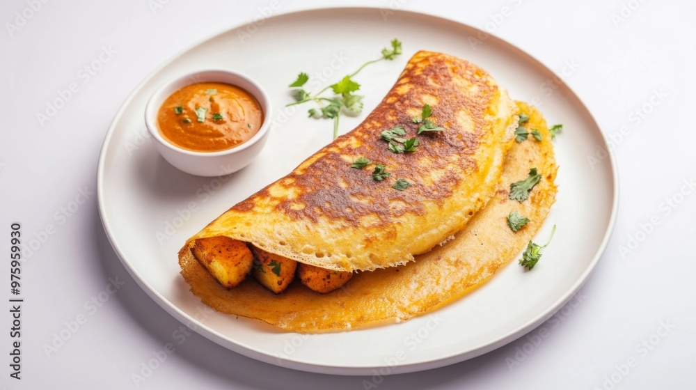 A serving of masala dosa, a crispy rice crepe stuffed with spiced potatoes, accompanied by sambar and coconut chutney, presented on a clean, minimalist white plate. A serving of masala dosa, a crispy rice crepe stuffed with spiced potatoes, accompanied by sambar and coconut chutney, presented on a clean, minimalist white plate.