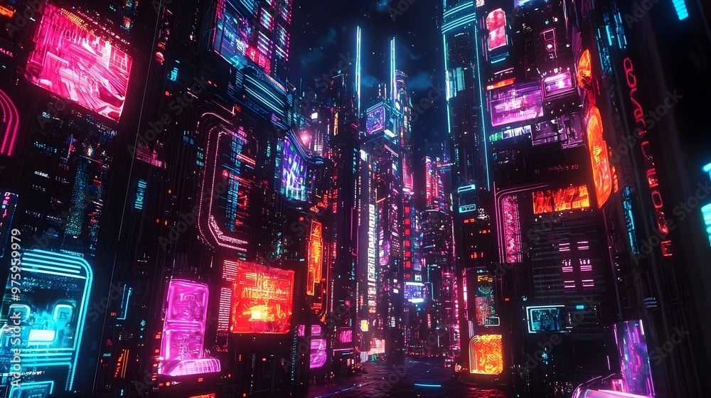 Neon-Lit Futuristic Cityscape with Vibrant Architectural Patterns and Moody Atmosphere Neon-Lit Futuristic Cityscape with Vibrant Architectural Patterns and Moody Atmosphere