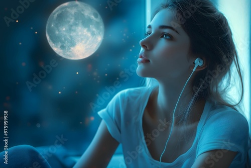 Young Woman Daydreaming in a Fantasy Moon Sky World, Listening to Music with Earphone