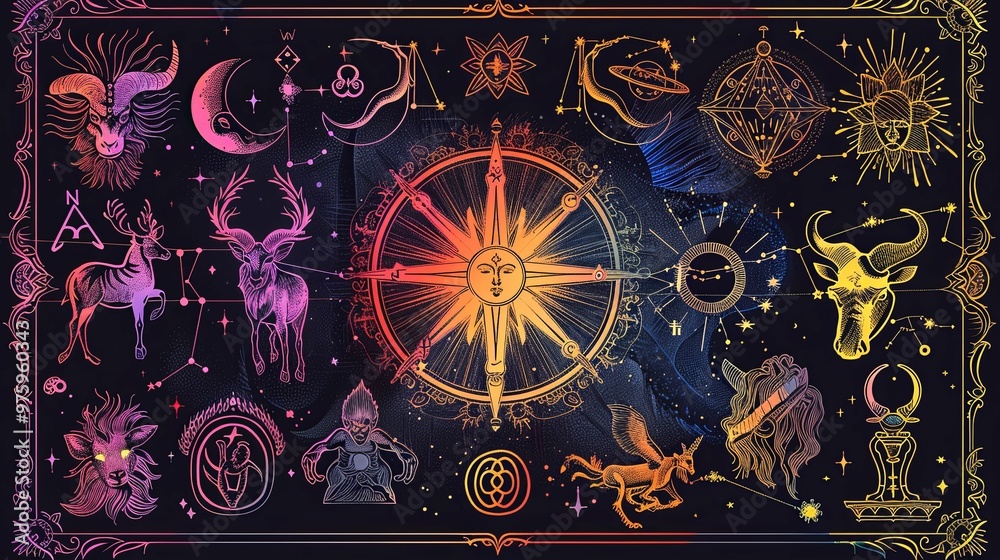 Naklejka premium Cosmic Animals, Zodiac Signs, and Celestial Objects Illustration