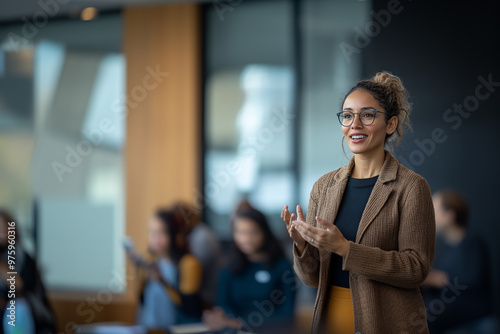 An elegant blonde woman is giving a presentation.