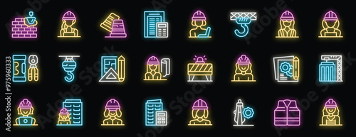 Female construction worker neon icon set, woman builder in hard hat holding blueprint, lifting crane, safety jacket bright signboard vector illustration
