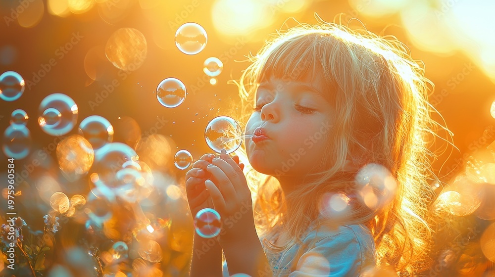 Little Girl Blowing Bubbles in Golden Sunlight Little Girl Blowing Bubbles in Golden Sunlight