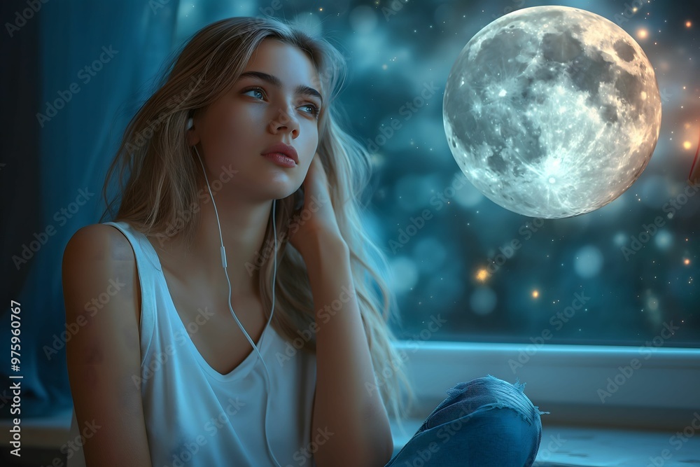 Young Woman Daydreaming in a Fantasy Moon Sky World, Listening to Music with Earphone Young Woman Daydreaming in a Fantasy Moon Sky World, Listening to Music with Earphone