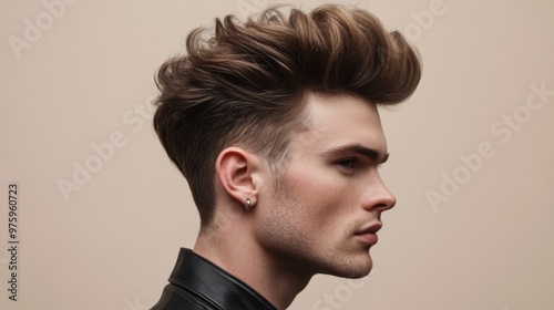 A side view of a man with a textured quiff hairstyle, showing off the volume and natural flow of the hair, styled to perfection.