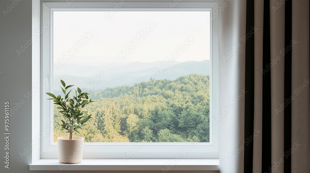 A serene view of rolling hills through a modern window, featuring a potted plant on the sill, ideal for nature and home decor themes. A serene view of rolling hills through a modern window, featuring a potted plant on the sill, ideal for nature and home decor themes.